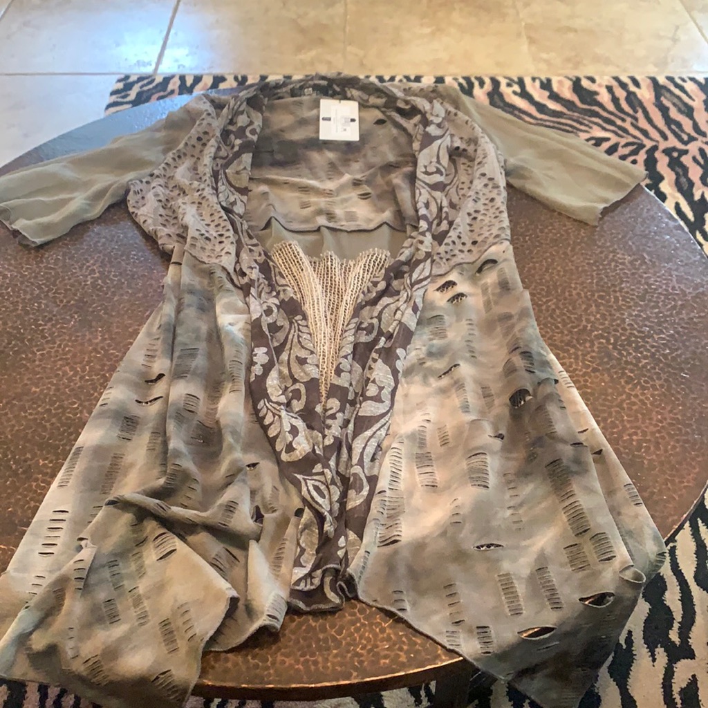 New With Tags Brown Distressed Open Front Cardigan Olive And Brown Tones !